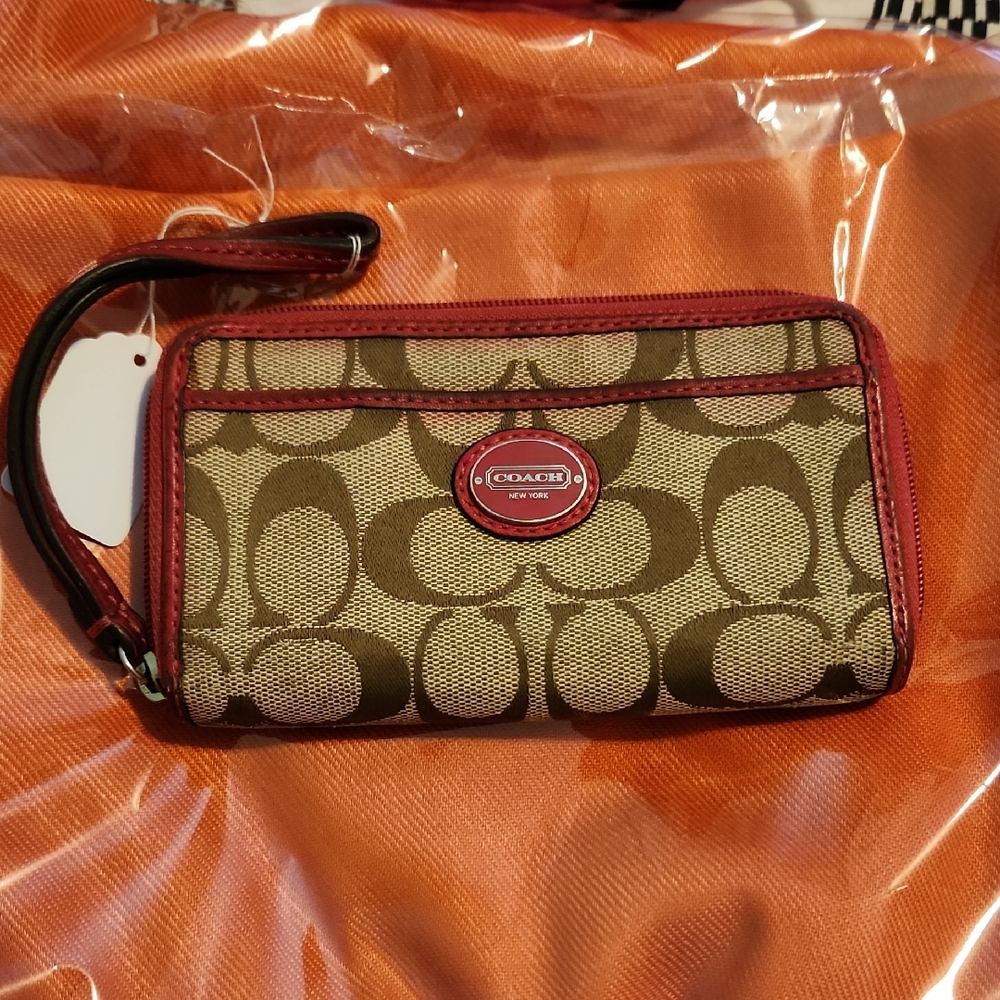 Coach Tan and Red Signature Wristlet